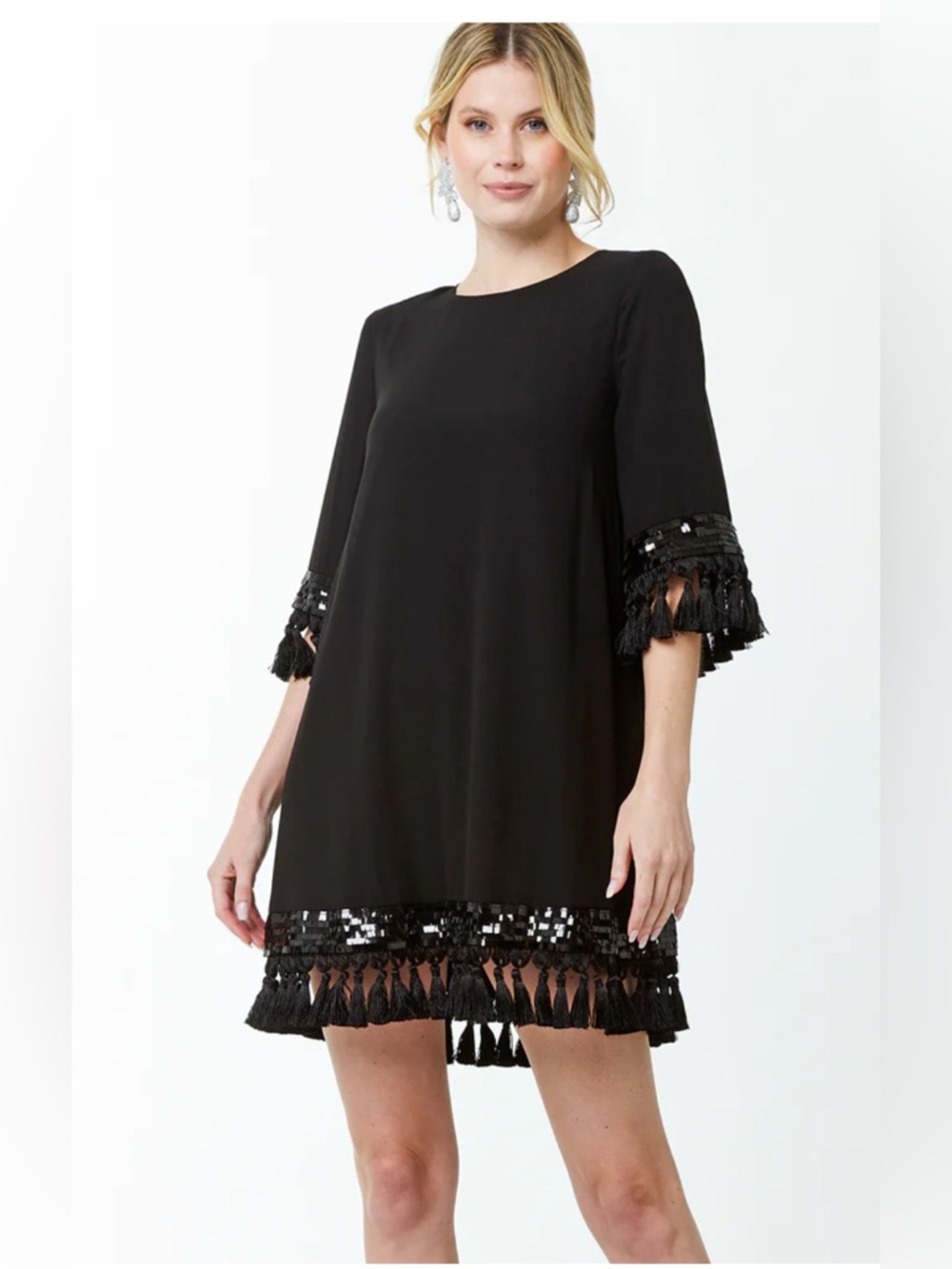 MESTIZA NEW YORK SHIMMY TASSEL SEQUIN TRIM ELBOW SLEEVE SHIFT MINI Dress size L